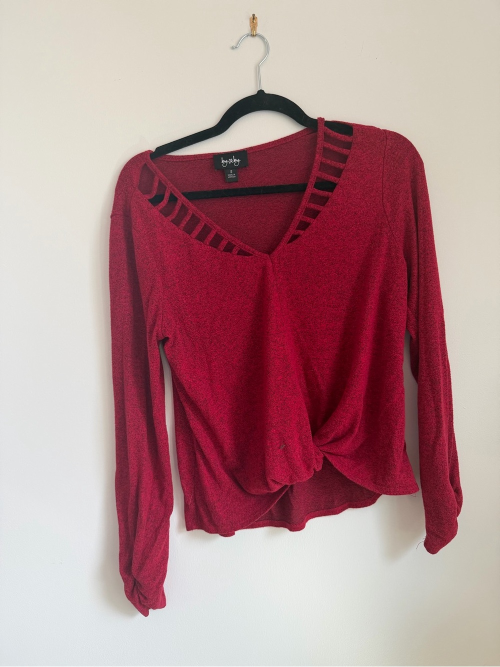 by & by Red Ladder-Trim V-Neck Knot Front Long Sleeve Top